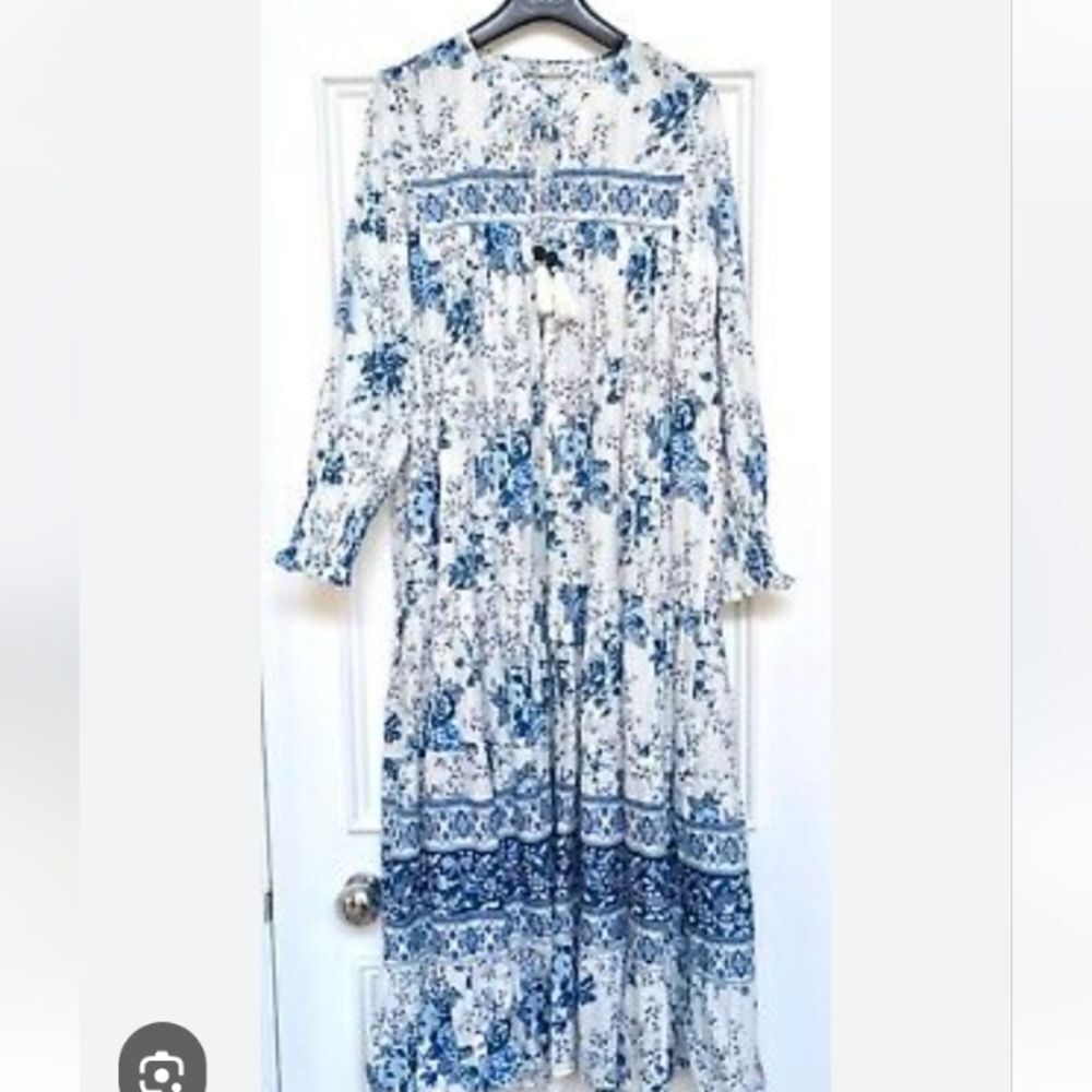 Zara Print Dress Blue/White V-Neck Long Sleeve Maxi Size M - Picture 8 of 8